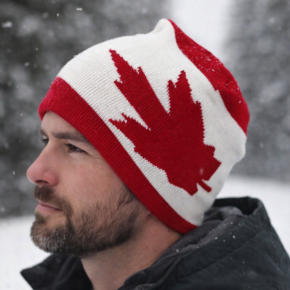 Man wearing a knit beanie with a red maple leaf design in a snowy landscape
