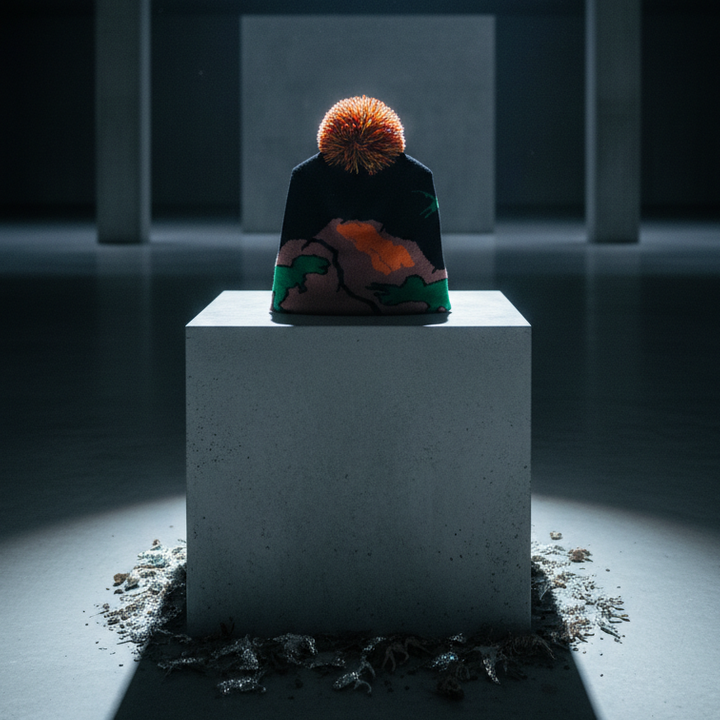 dinosaur beanie sitting on a concrete block in a museum setting