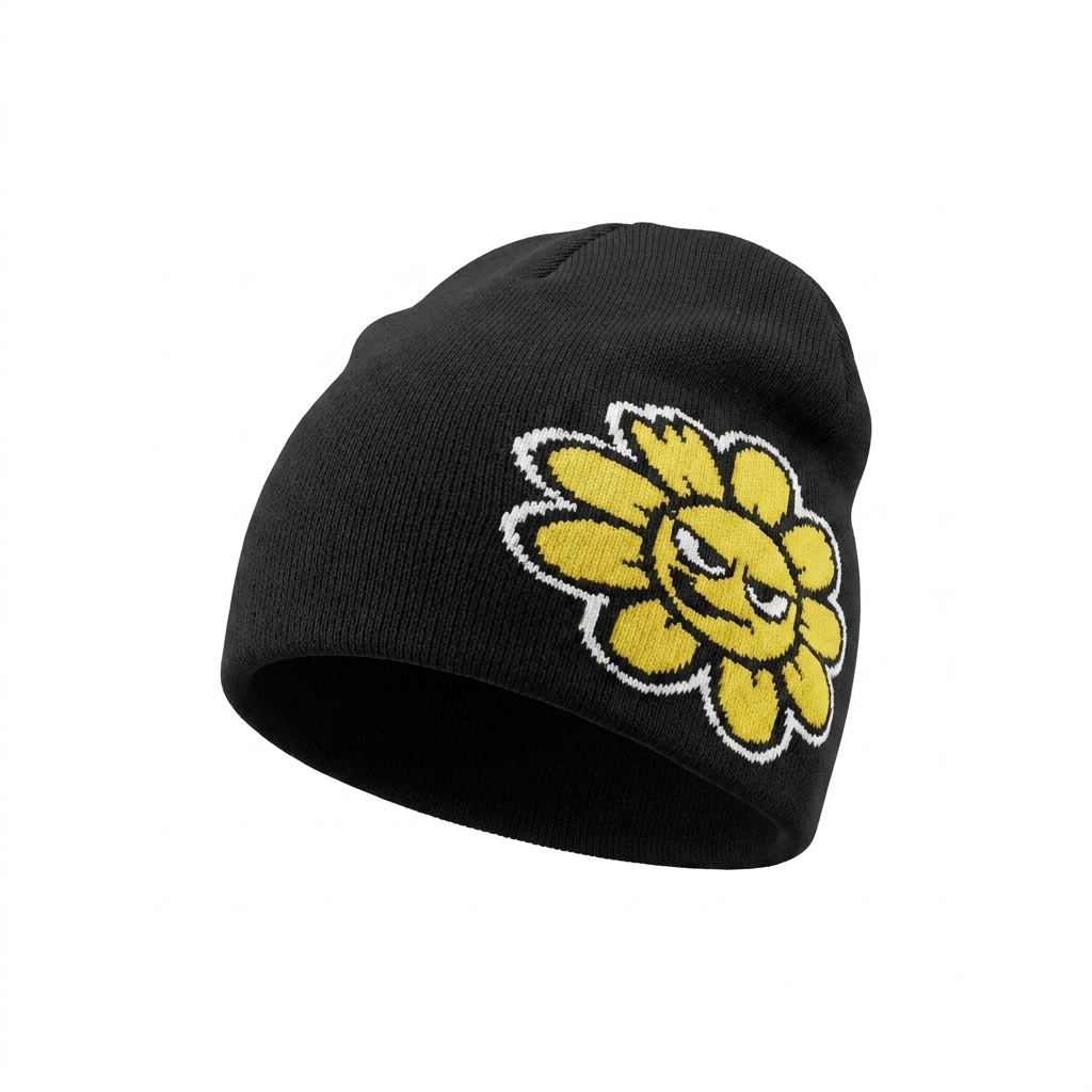 Black beanie with a yellow sunflower design on a white background