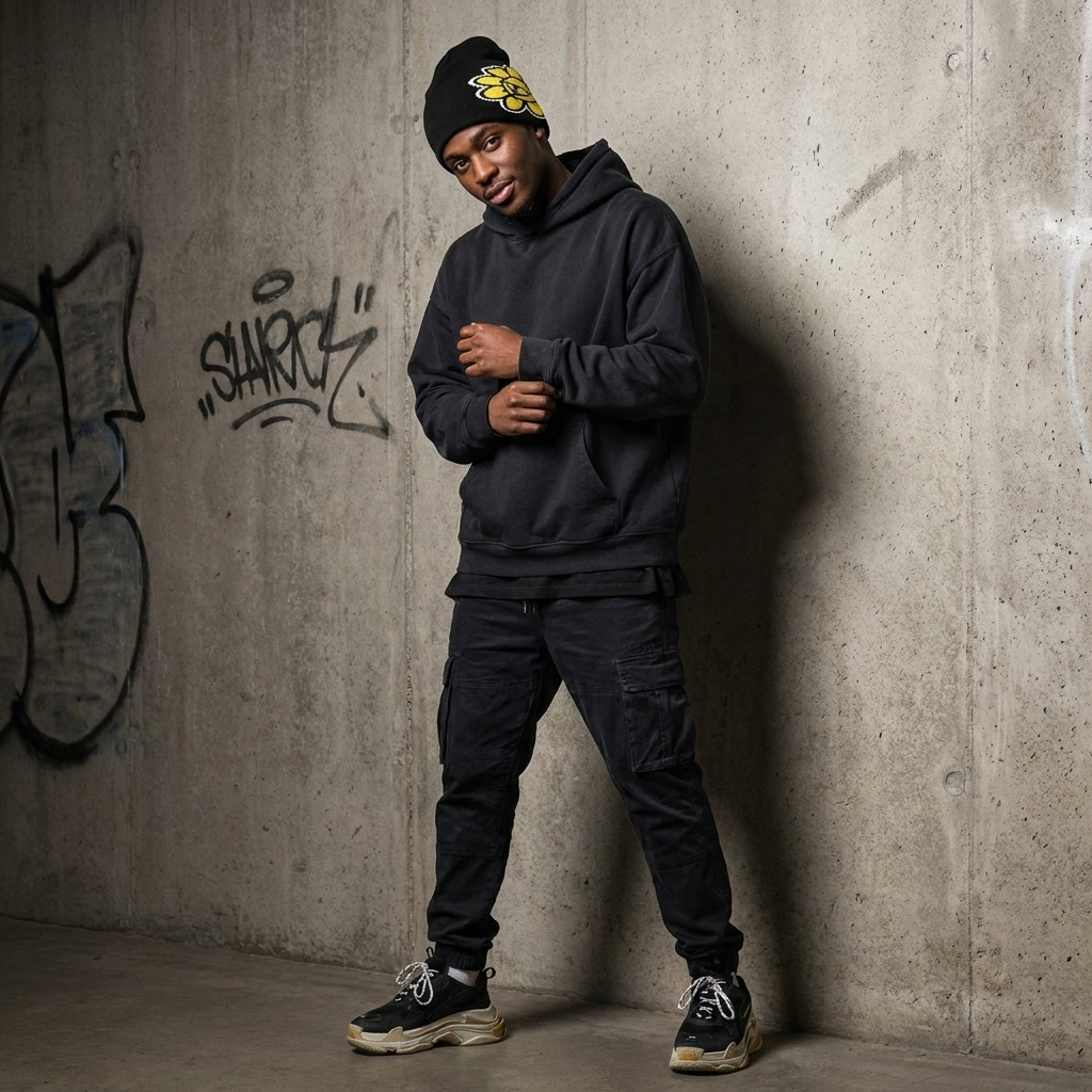 Person wearing a dark hoodie and pants leaning against a graffiti-covered wall.