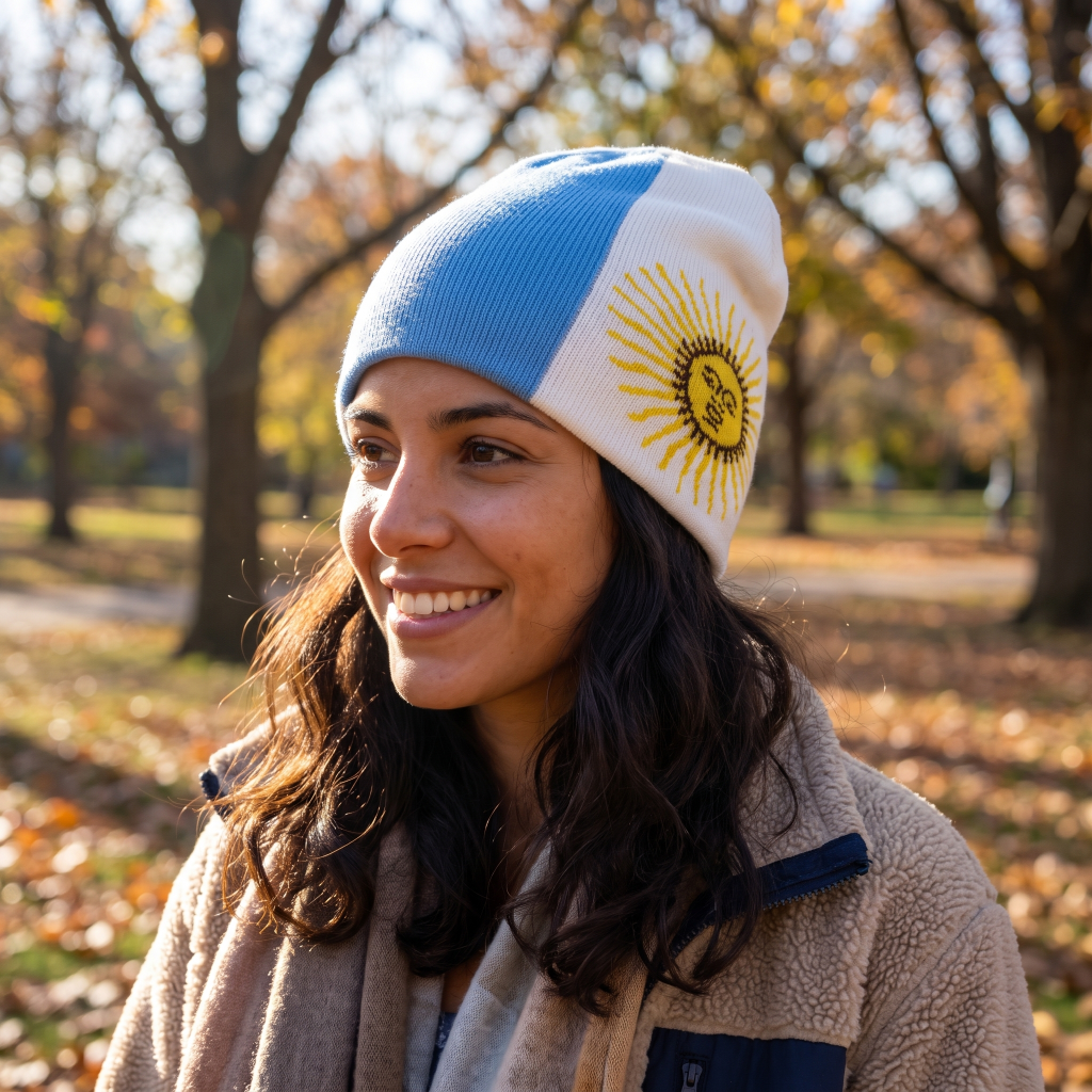 A woman outdoors in a park wearing a knit beanie with light blue and white vertical panels and a yellow sun emblem on the white side, paired with a beige fleece jacket.