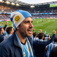 A man at a soccer stadium wearing a light blue and white Argentina beanie with a yellow sun emblem, a light blue and white Argentina scarf, and a navy jacket. Other fans in Argentina national team colors are visible in the background cheering on the field.