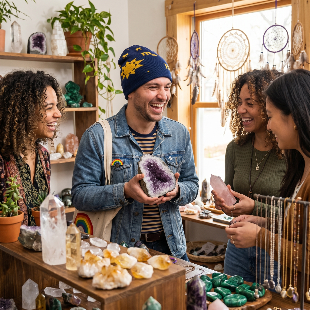 People in a store with crystal and spiritual decor, holding a crystal wearing astrology beanie