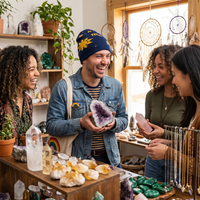People in a store with crystal and spiritual decor, holding a crystal wearing astrology beanie