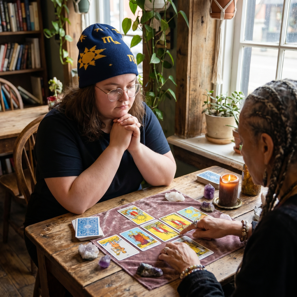 Two people engaged in a tarot card reading session in a cozy room with plants and books.