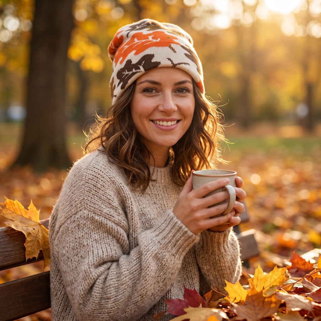 A woman smiling in an autumn park setting, wearing a beige knit sweater and a patterned knit beanie while holding a mug.
