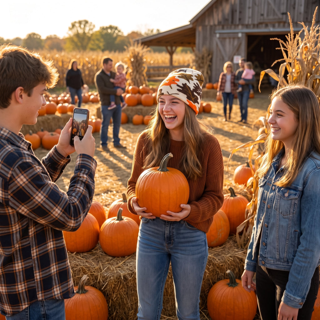 Three young people standing in a pumpkin patch at sunset, with the central girl holding a large orange pumpkin and the others smiling and taking a photo. Hay bales, corn stalks, and a rustic barn are visible in the background.