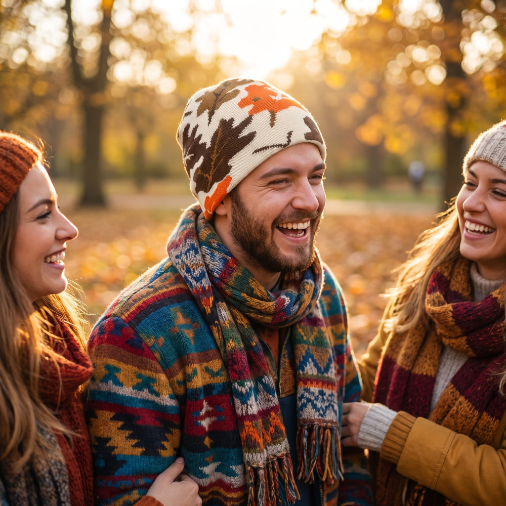 Three people laughing outdoors in a park during golden hour, wearing cozy knit winter hats, scarves, and a colorful patterned sweater. The center person is wearing a cream knit beanie with brown and orange leaf-like patterns, a multicolor knit scarf, and a matching patterned sweater.