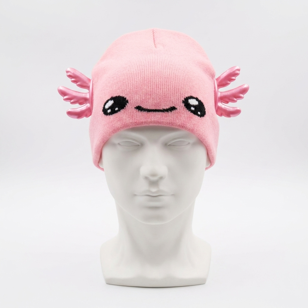 Pink axolotl-themed beanie on a mannequin head against a white background