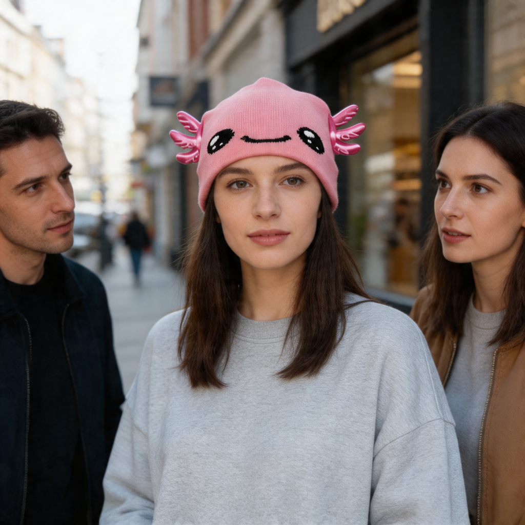 Woman wearing a pink axolotl-themed beanie on a city street with two other people.