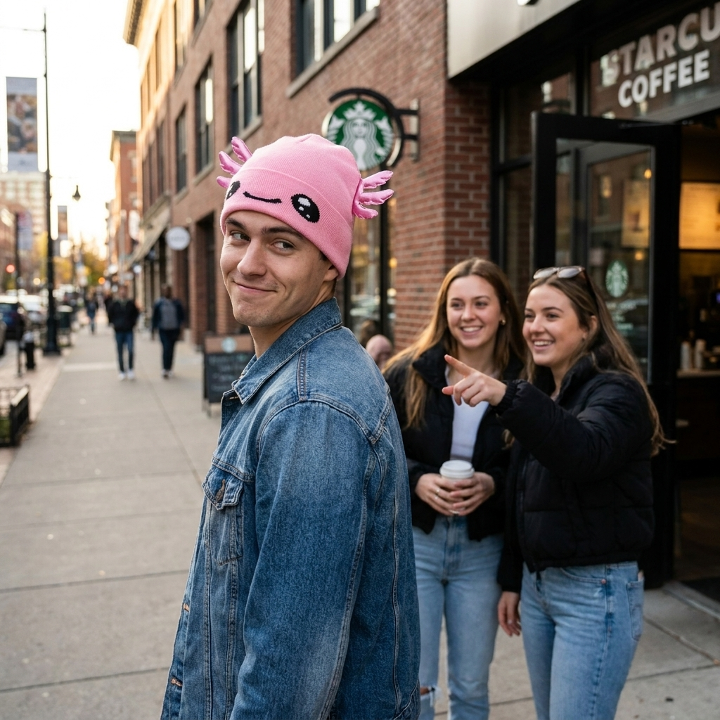 Person wearing a pink beanie with cartoon face design on a city street, with Starbucks in the background.