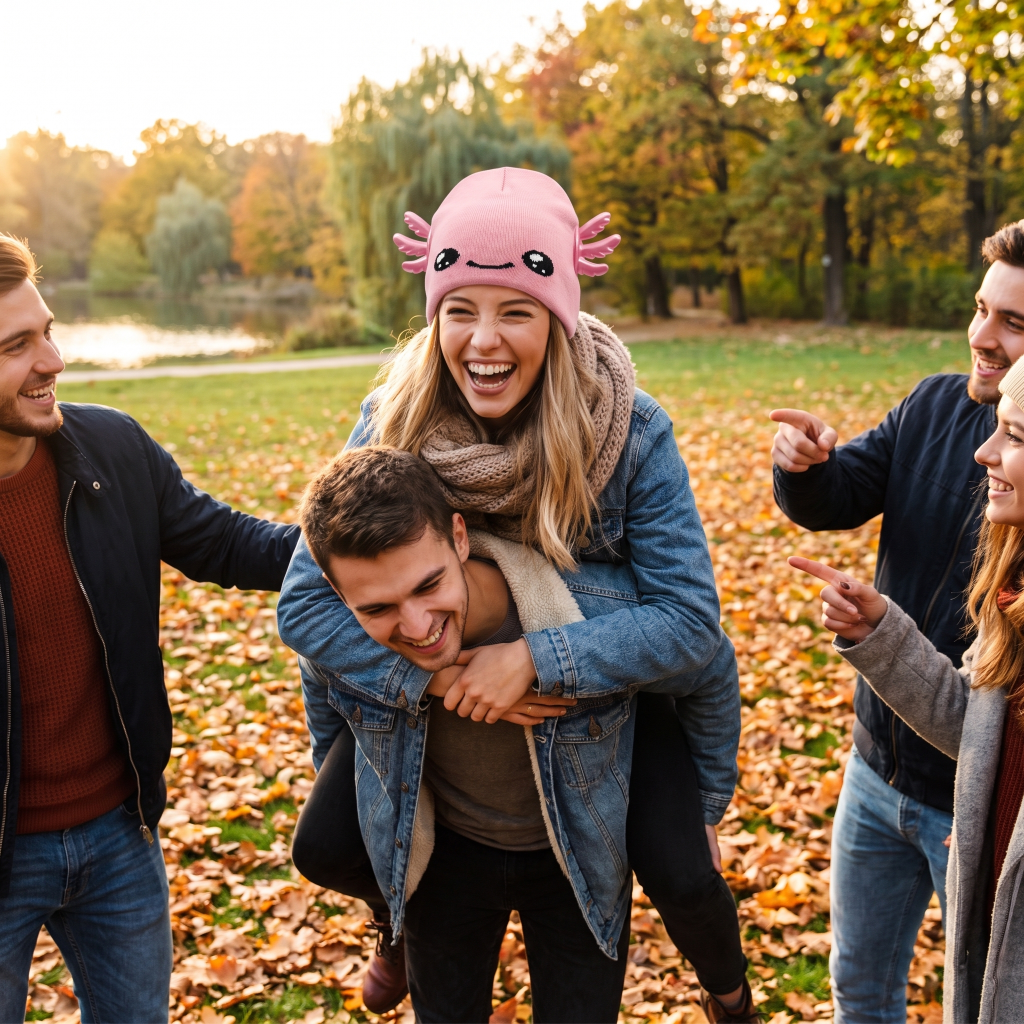 A group of friends laughing outdoors in an autumn park with fallen leaves. In the center, a woman wearing a pink axolotl-shaped beanie and a denim jacket has a man carrying her on his back.