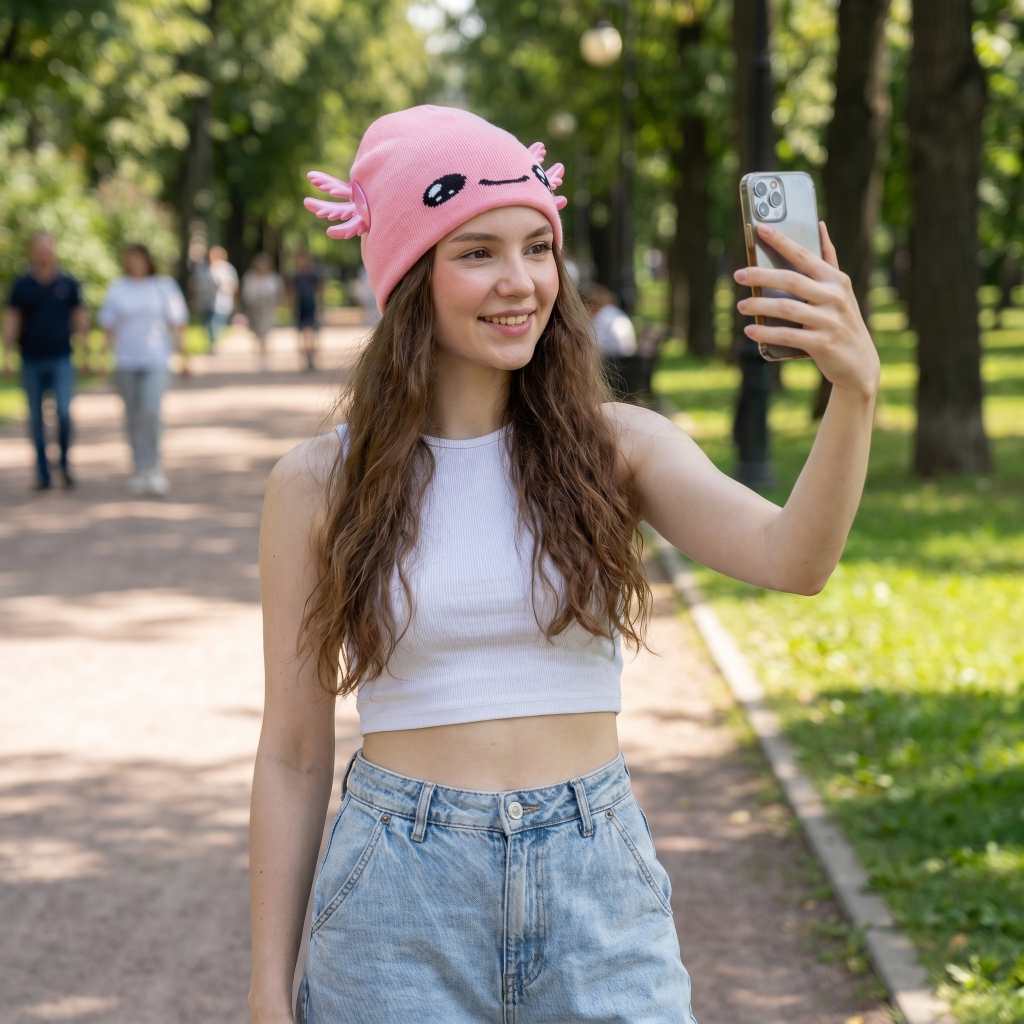 Girl wearing pink Axolotl beanie