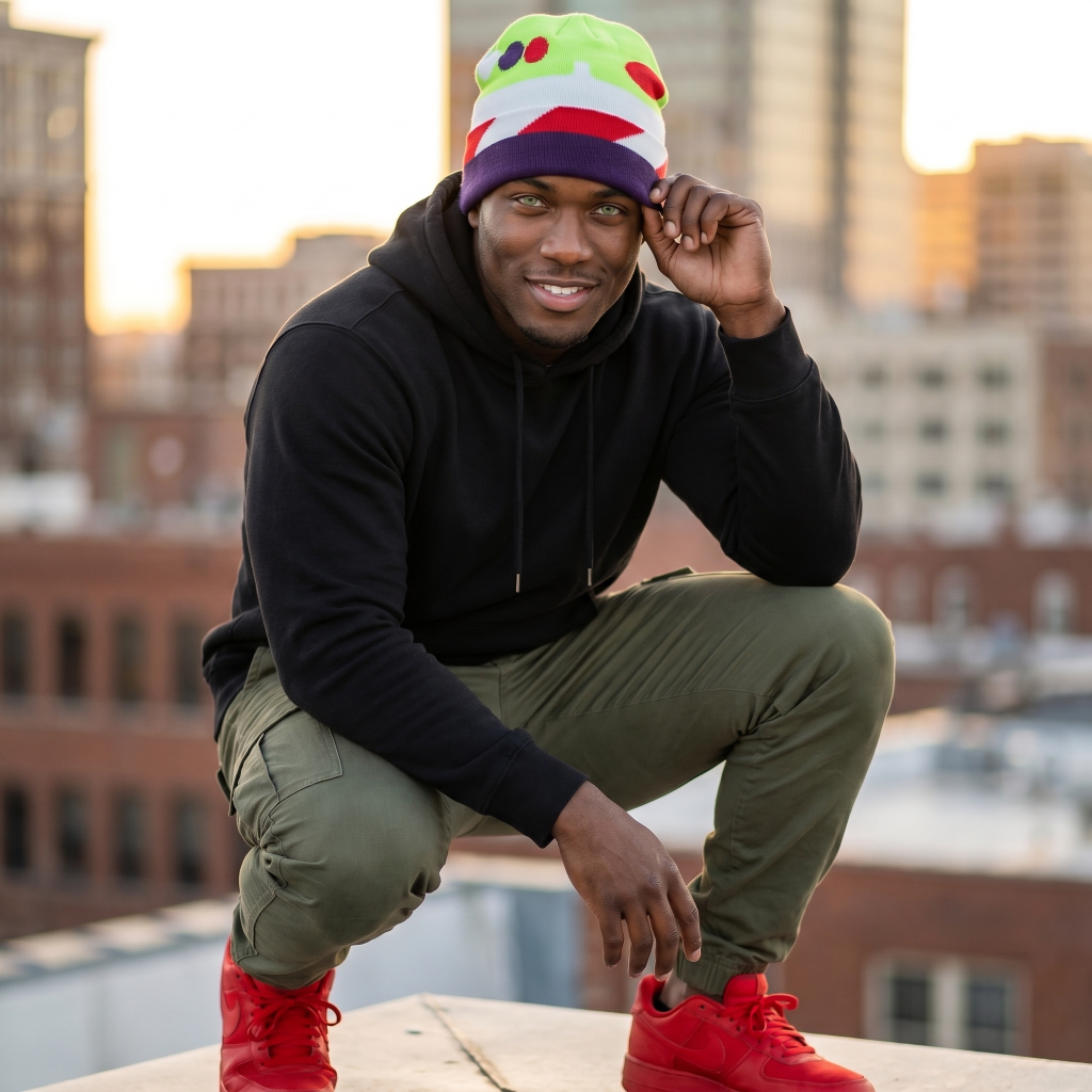 Person wearing a buzz lightyear beanie, black hoodie, green pants, and red shoes on a rooftop with cityscape background