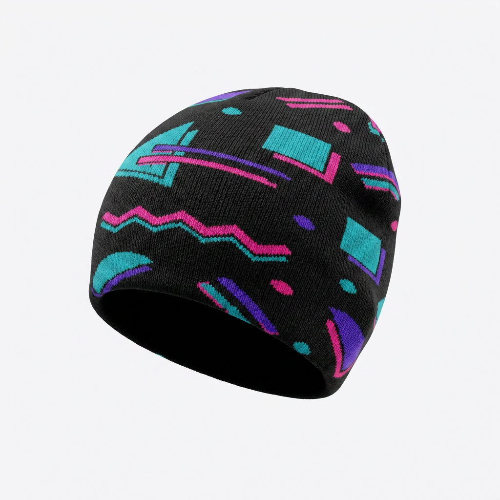 A black knit beanie hat featuring a vibrant 90s-style geometric pattern with pink, purple, and teal shapes, shown against a plain light gray background.