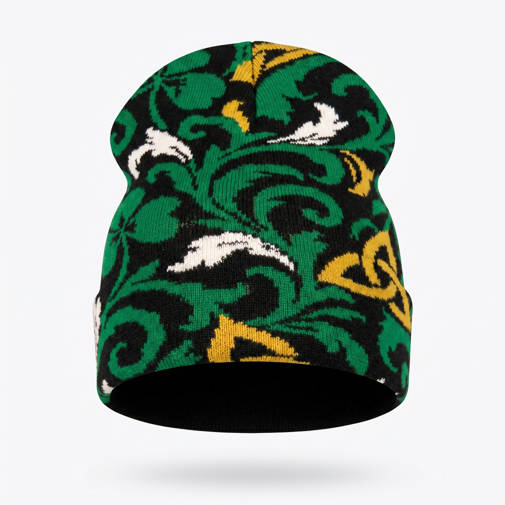 Green patterned beanie with white and gold accents on a white background