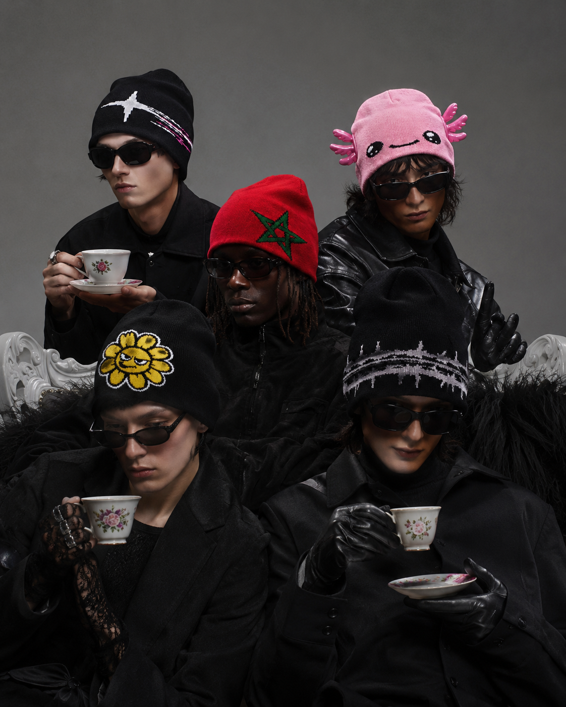 People wearing various hats with different designs, holding cups against a dark background.