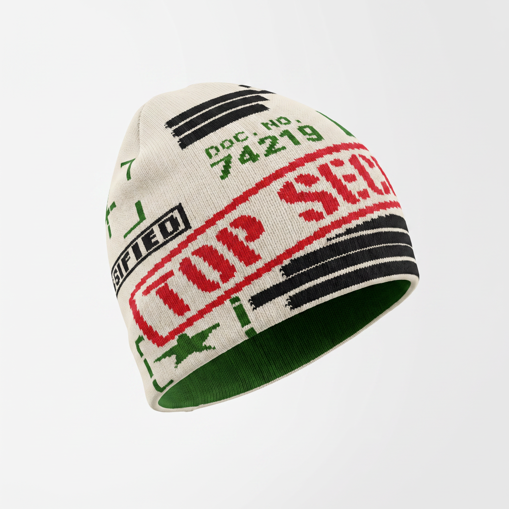 A knit beanie hat with a cream base, featuring a red 'TOP SECRET' graphic, black stripes, green text, and a green interior lining, shown on a light gray background.