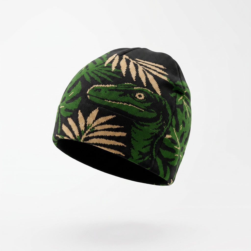 A knit beanie hat featuring a green dinosaur head and palm leaves on a black background, shown floating against a light gray studio backdrop.