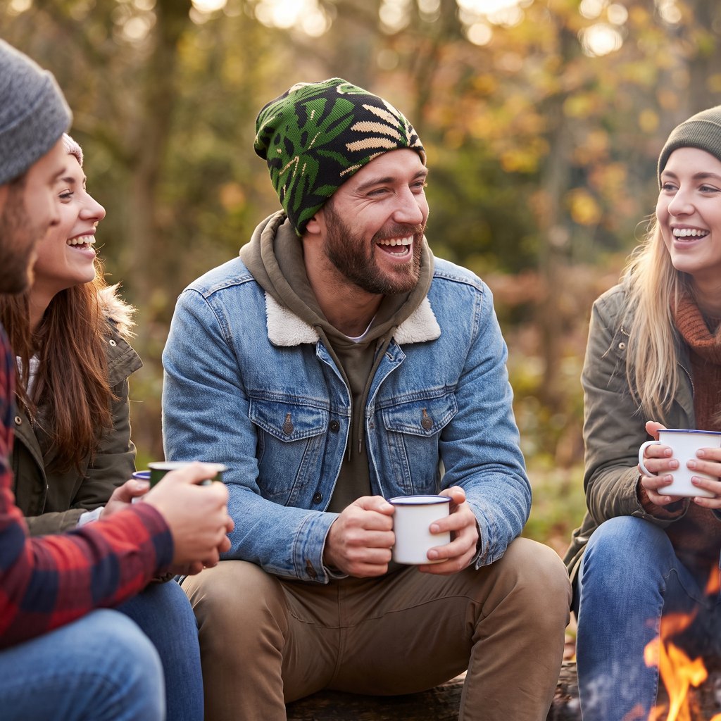 Three friends sitting together outdoors near a campfire, laughing and holding white enamel mugs. The central person wears a green camouflage beanie, a blue denim jacket with a shearling collar, and tan pants, with a blurred forest background.