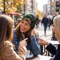 A woman at an outdoor cafe wearing a black knit beanie with a green palm leaf pattern, laughing and pointing at a conversation with two other people.