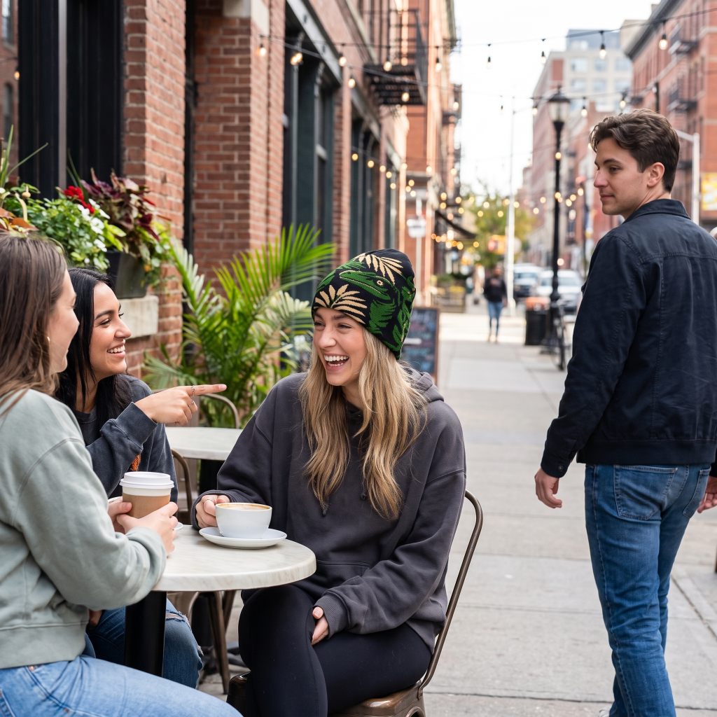 Three women laughing at an outdoor cafe table on a city sidewalk, with a man standing nearby. The central woman wears a dark green beanie with a gold leaf pattern and a dark gray hoodie.