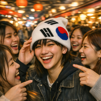 Group of young people laughing together with one person wearing a white beanie with a colorful emblem.
