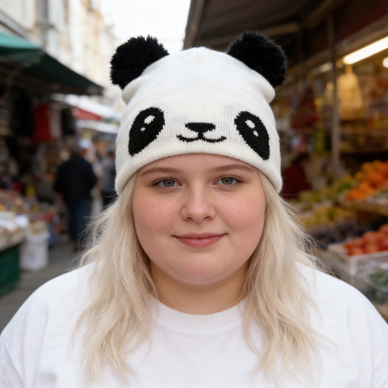 Person wearing a panda-themed beanie in an outdoor market setting