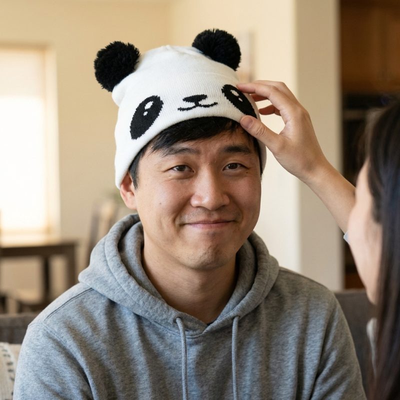 Person wearing a panda-themed hat with another person adjusting it indoors.