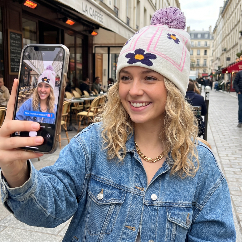 Woman taking a selfie in a city street wearing a floral beanie and denim jacket.