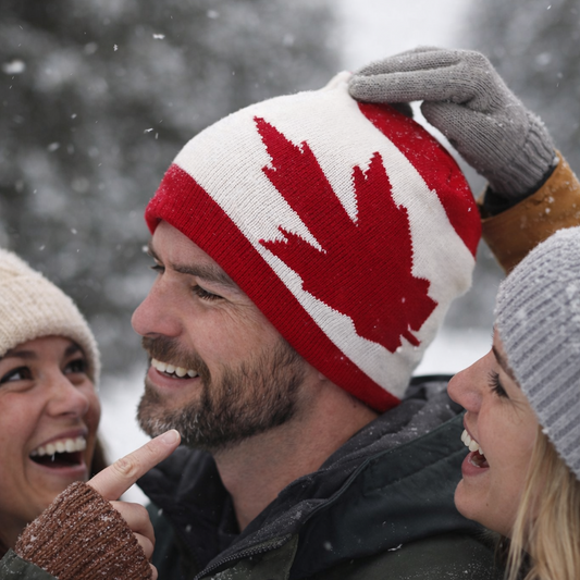 Three people in winter clothing with a person wearing a red and white knit hat with a maple leaf design.