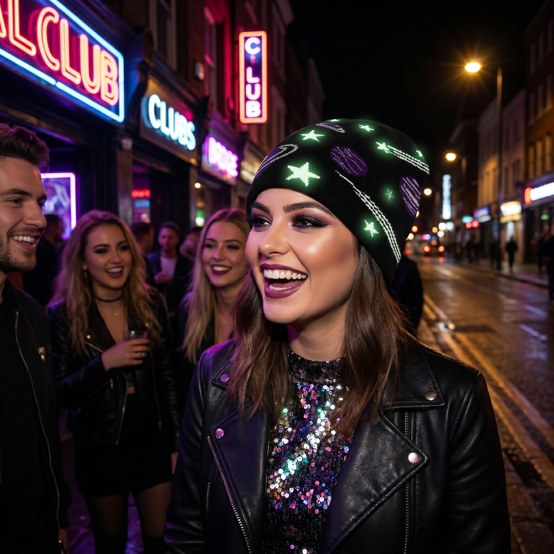 Woman Wearing glow in the dark space beanie