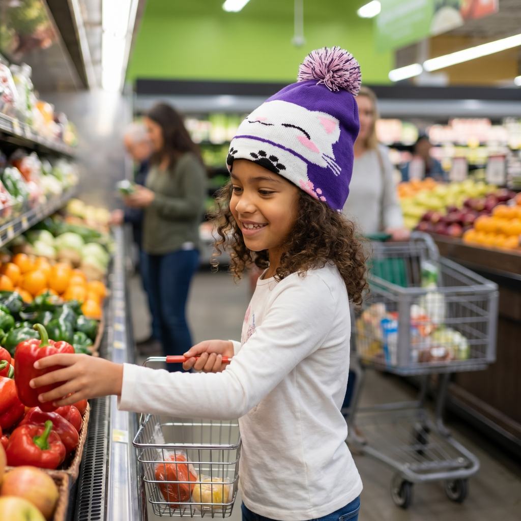 Young girl in a grocery store picking up a red pepper from a basket wearing good kitty beanie