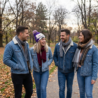 Four friends are standing together on a path in a park with trees and fallen leaves in the background.