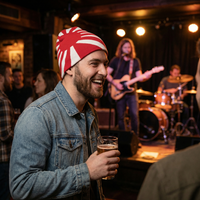 Man in a red and white beanie holding a beer, with a band playing in the background.