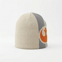 Beige and gray beanie with a logo on a white background