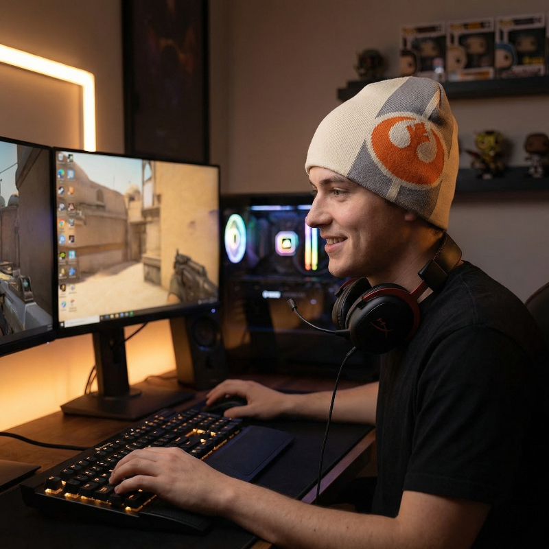 Person playing a video game on a computer with multiple monitors in a room setting.