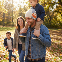 Family of four in a park with autumn leaves, father carrying a child on shoulders.