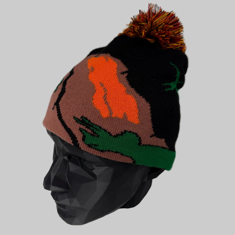 Colorful knit beanie with a design on a white background