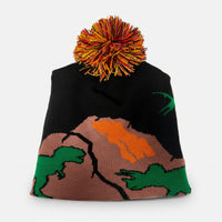 Knitted beanie with colorful pom-pom on a white background