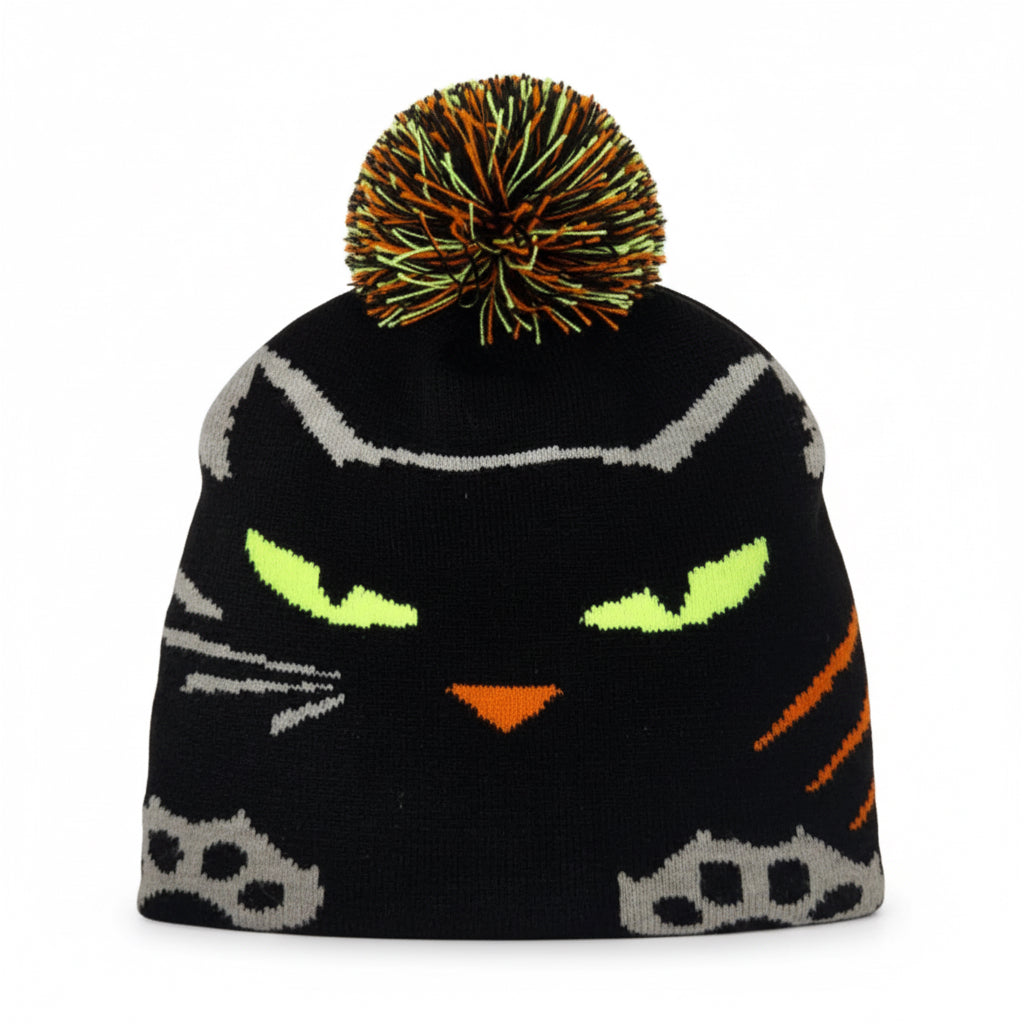 Black cat-themed beanie with a colorful pom-pom on a white background