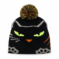 Black cat-themed beanie with a colorful pom-pom on a white background