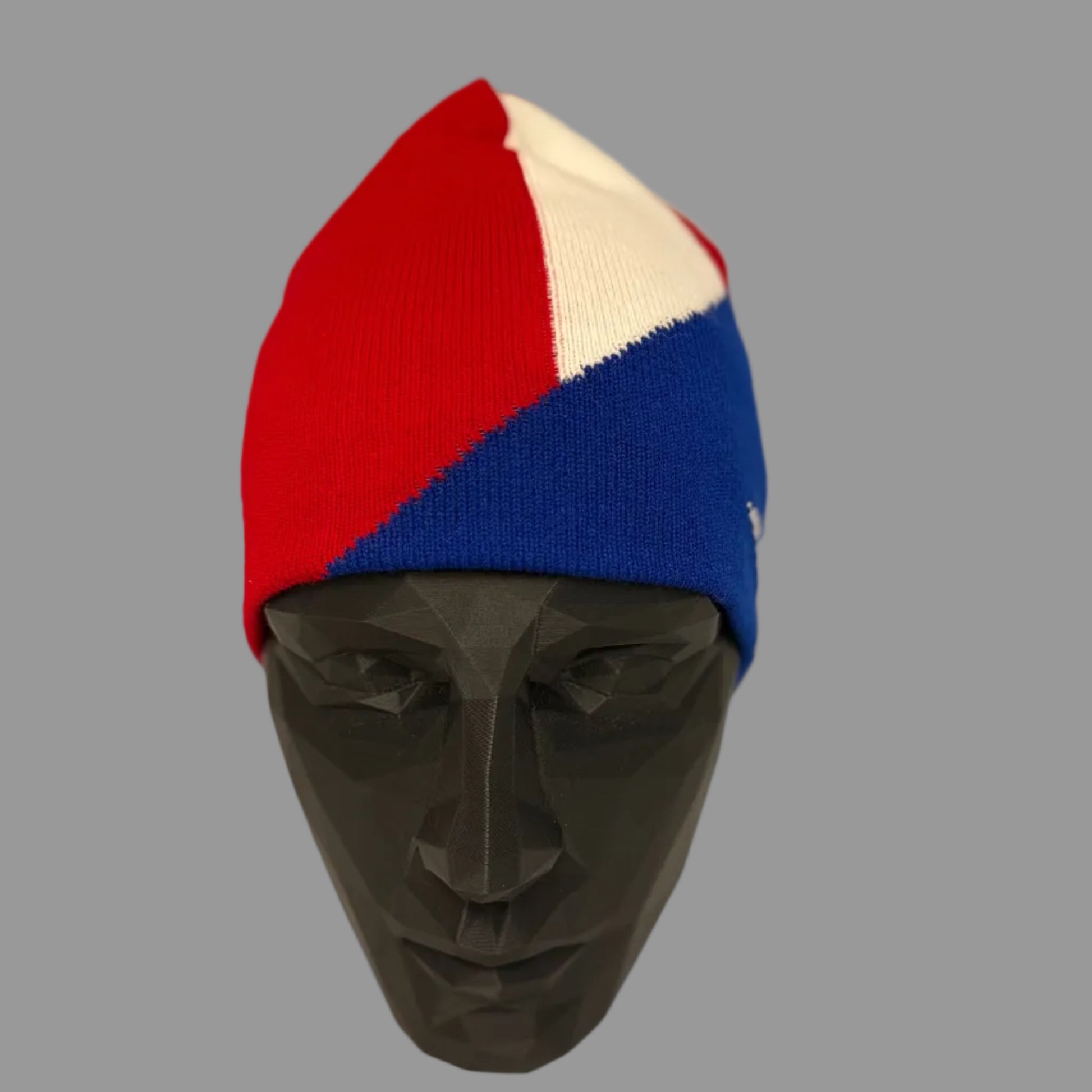 Color-blocked knit beanie on a mannequin head against a plain background