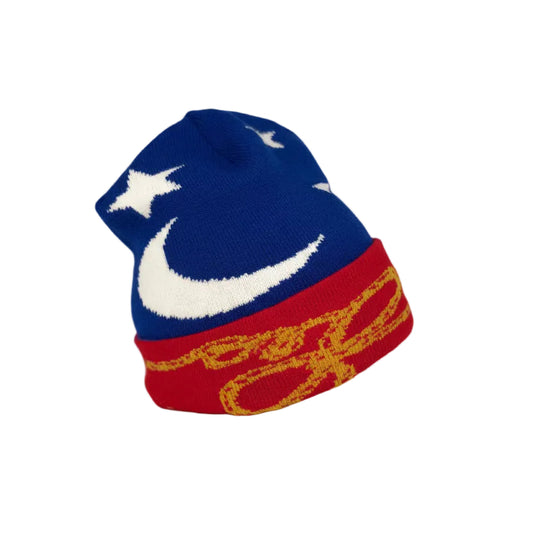 Colorful beanie with a design on a white background