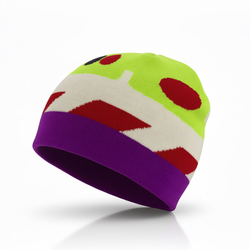 Colorful beanie with geometric patterns on a white background