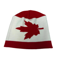 Beanie with a red maple leaf design on a white background