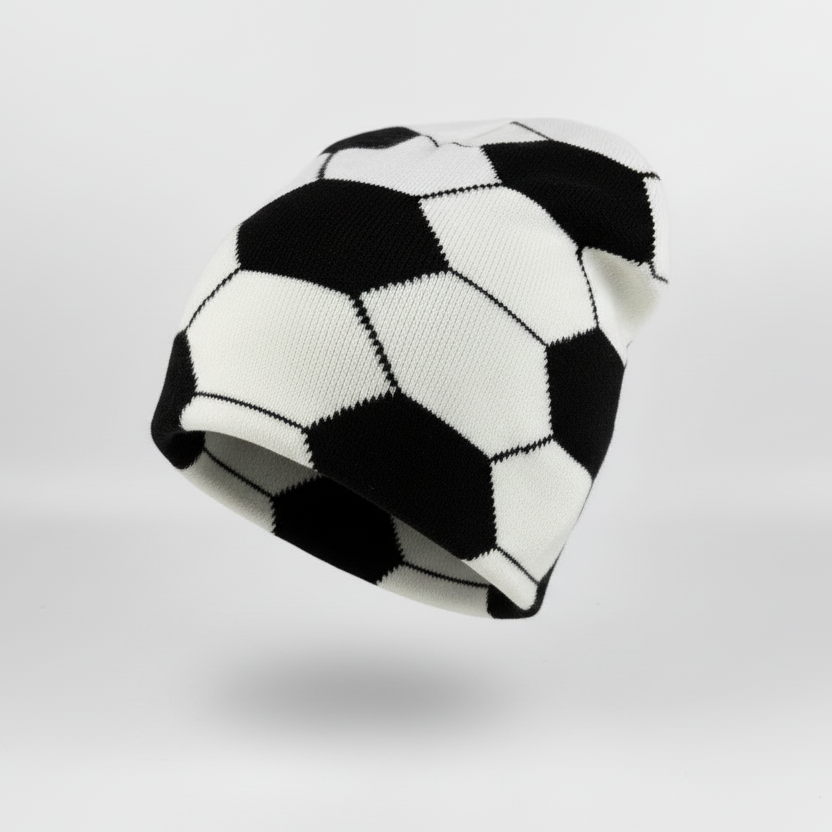 Black and white checkered beanie on a light gray background