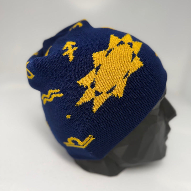Blue beanie with yellow patterns on a white background