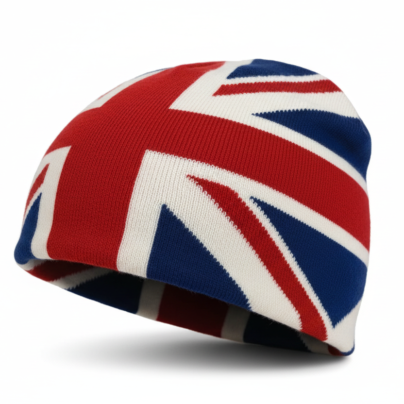 Knitted beanie with Union Jack design on a white background