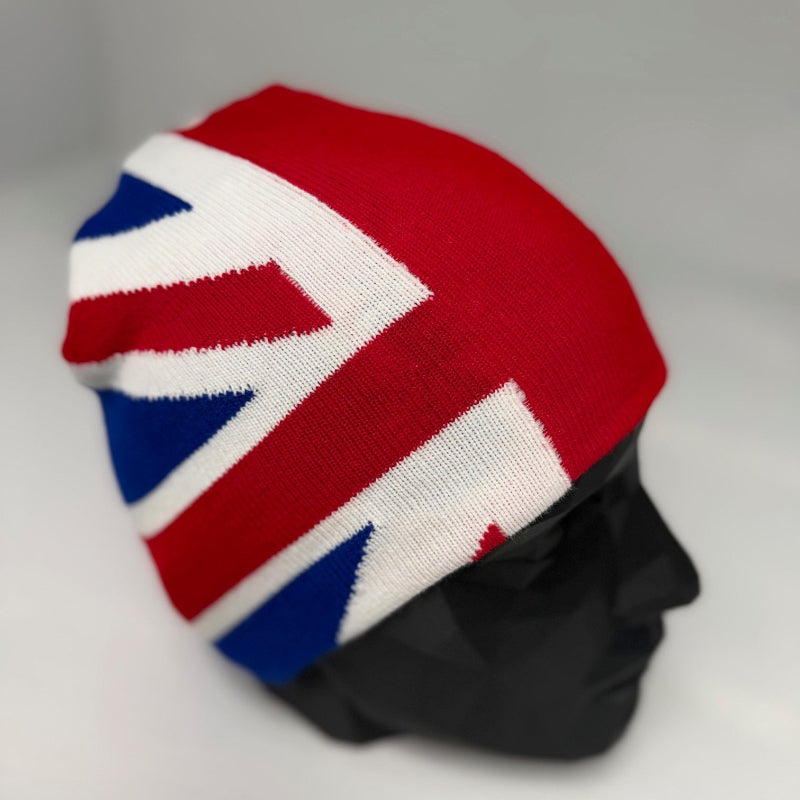 Knitted beanie with Union Jack design on a gray background